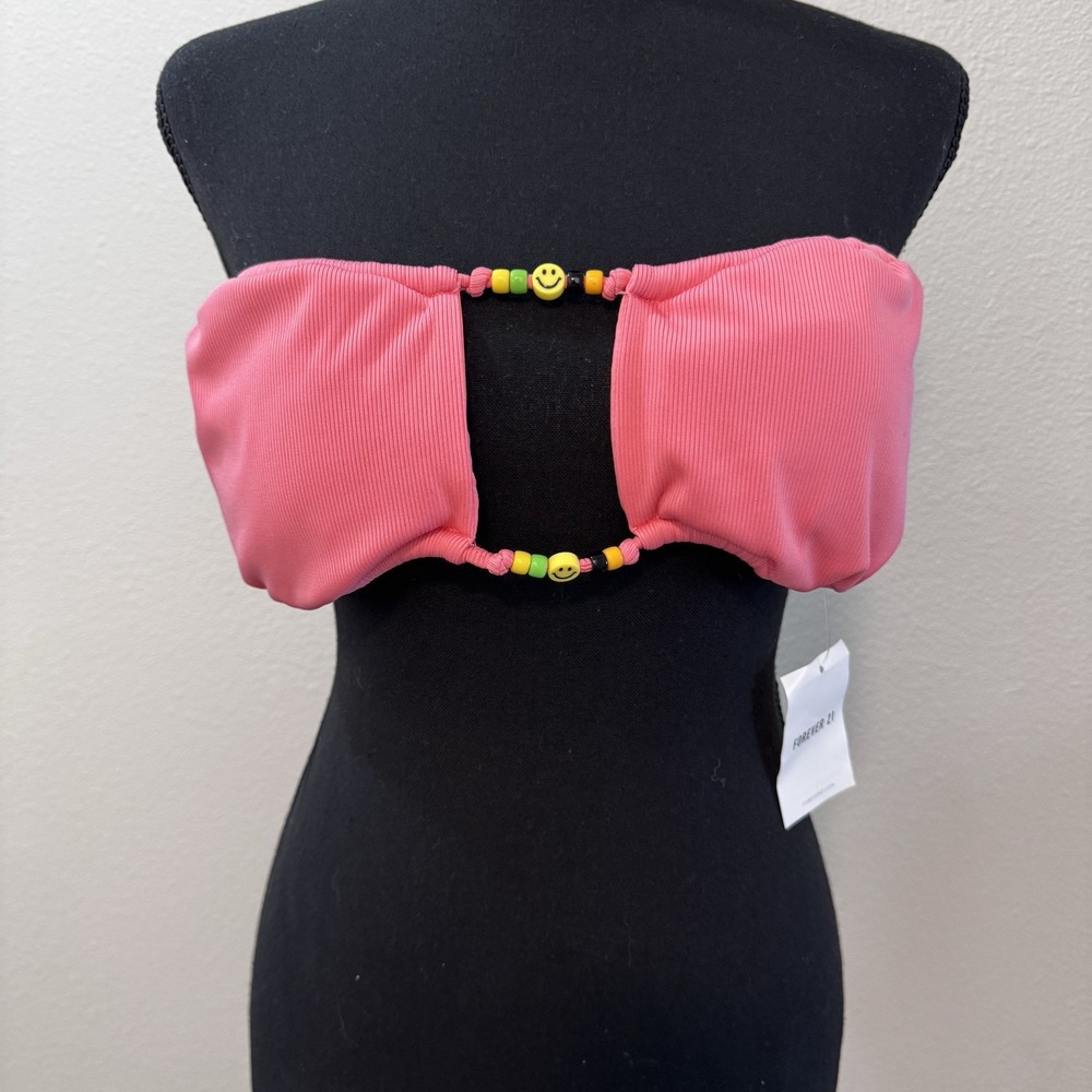 Forever 21 Women's Beaded Ribbed Super Pink Bikini Top Removable Pads XL‎ New